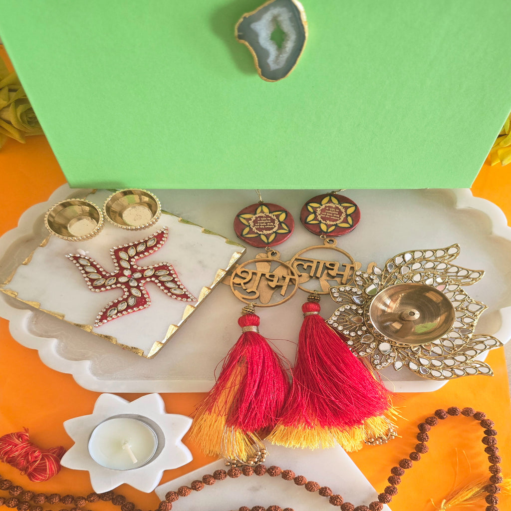 Marble Squre Pooja Platter , Marble TeaLight , Brass Lotus Diya and Blue Pottery Door Hangings
