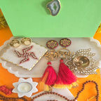 Marble Squre Pooja Platter , Marble TeaLight , Brass Lotus Diya and Blue Pottery Door Hangings