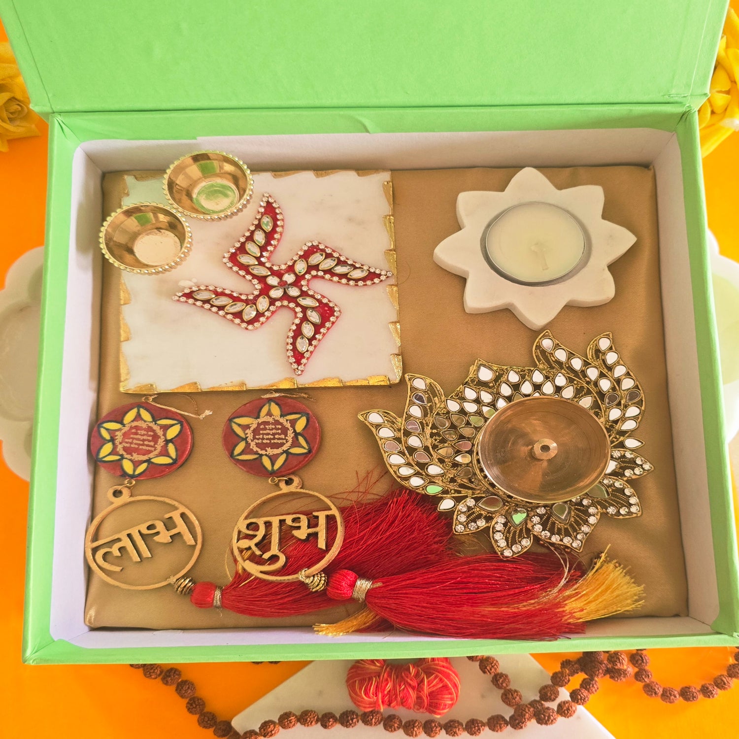 Marble Squre Pooja Platter , Marble TeaLight , Brass Lotus Diya and Blue Pottery Door Hangings