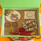 Marble Round Pooja Platter , Marble Floral TeaLight , Brass Swastik Diya and Blue Pottery Door Hangings