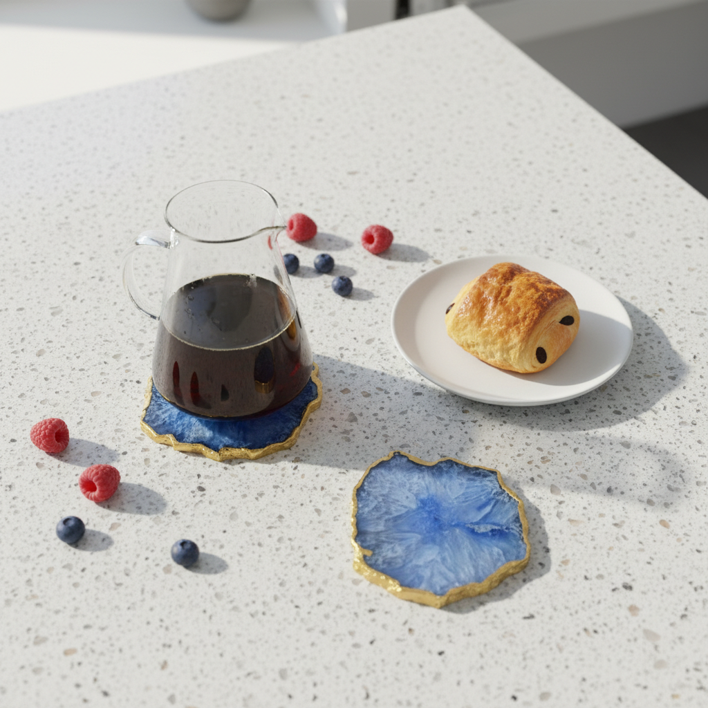 Blue Crystal Agate Coaster With Gold Plating Set of 2