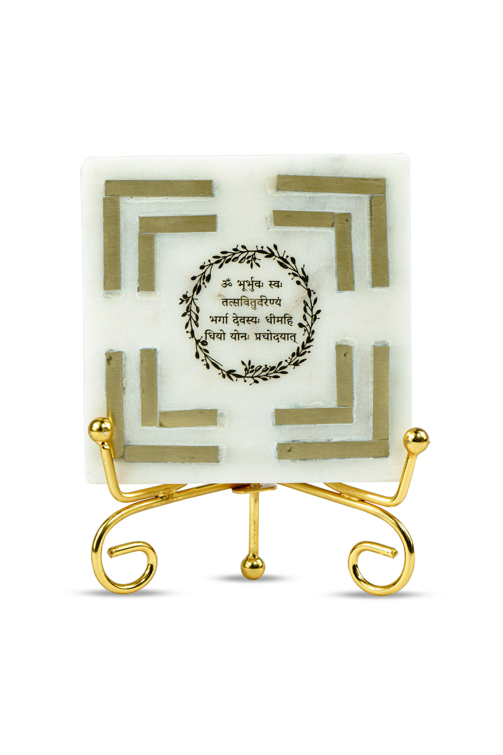 Gayatri Mantra Square shape Marble with Brass Inlay Metal Stand Showpiece