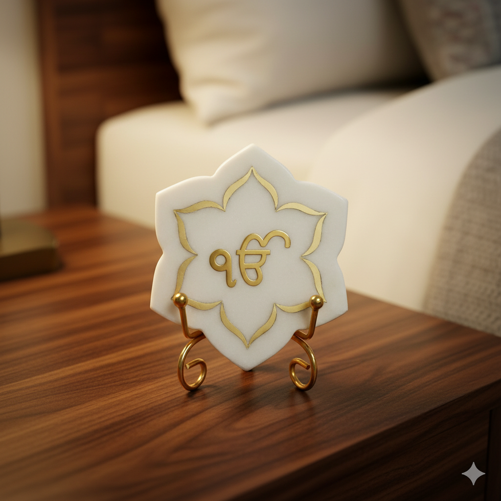 Ik Onkar Floral shape Marble with Brass Inlay Metal Stand Showpiece