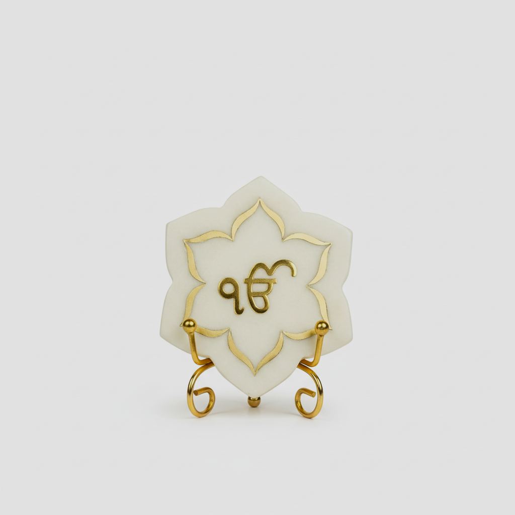 Ik Onkar Floral shape Marble with Brass Inlay Metal Stand Showpiece