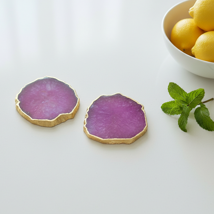 Blue Crystal Agate Coaster With Gold Plating Set of 2