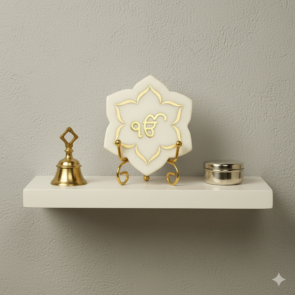 Ik Onkar Floral shape Marble with Brass Inlay Metal Stand Showpiece