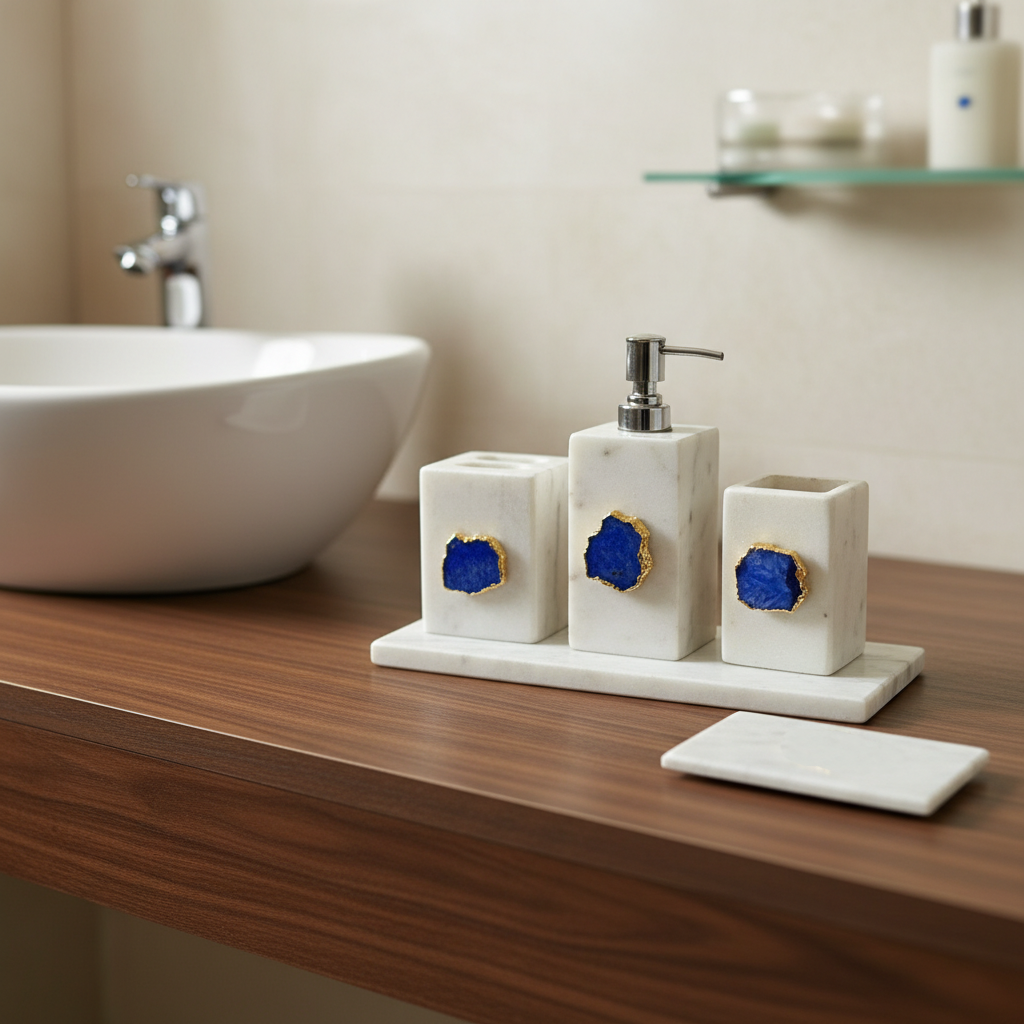 White Marble with Blue Agate Bathroom Set, Set of 5