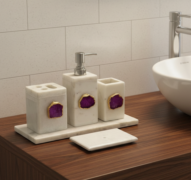 White Marble with Pink Agate Bathroom Set, Set of 5