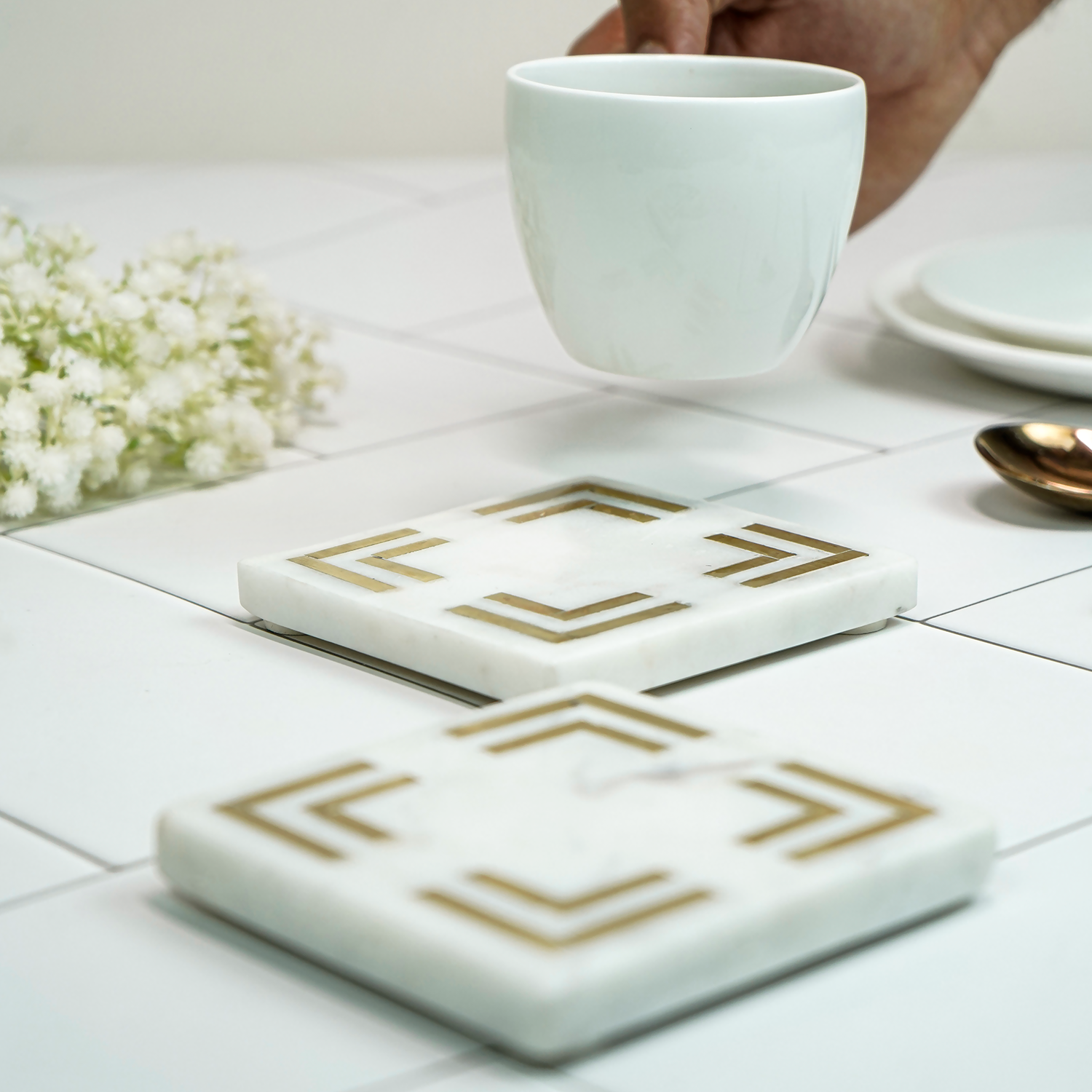 White Marble Square Coaster with Brass Inlay Set of 2