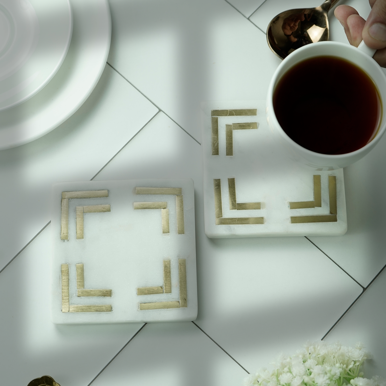 White Marble Square Coaster with Brass Inlay Set of 2