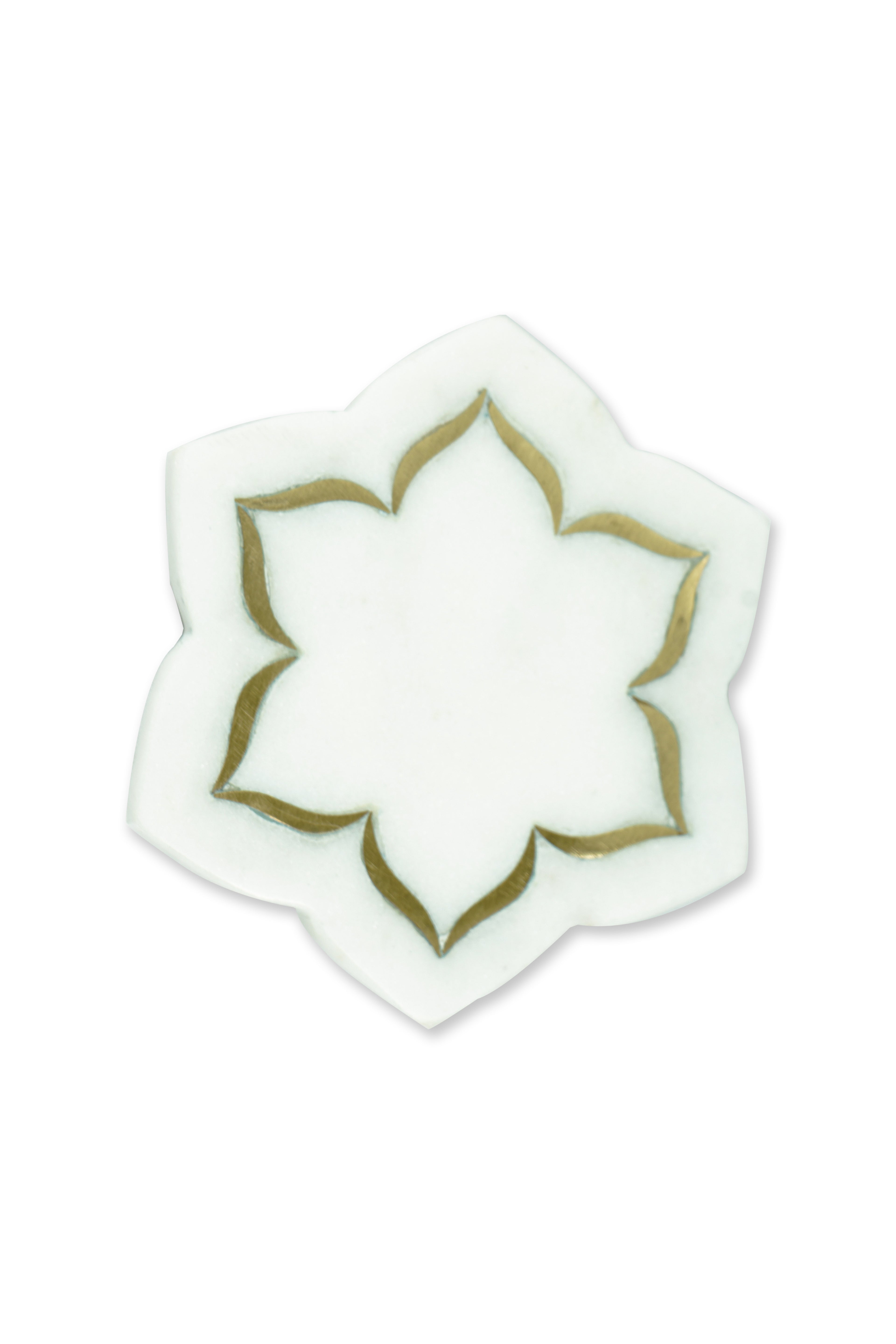 White Marble Floral Coaster with Brass Inlay Set of 2