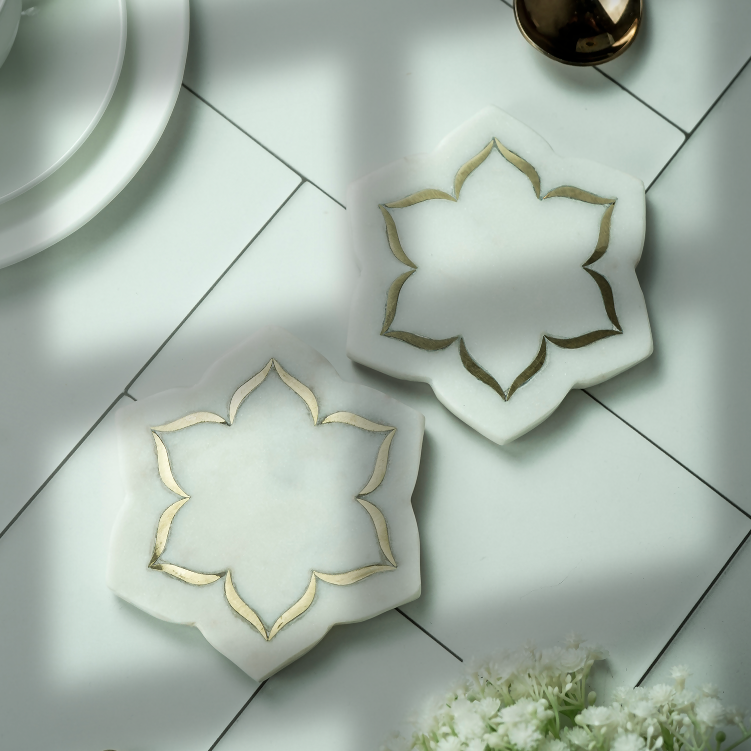 White Marble Floral Coaster with Brass Inlay Set of 2