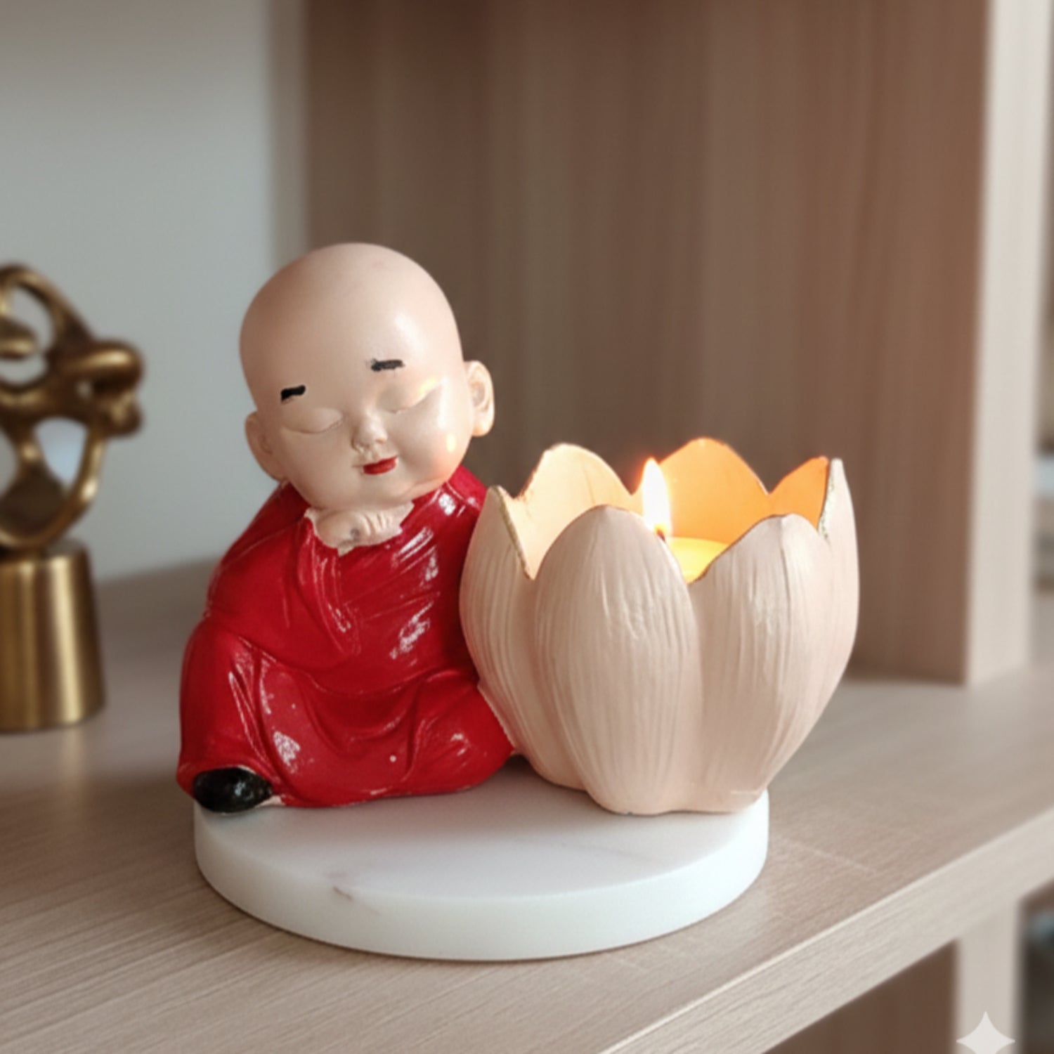 Buddha Monk Lotus Candle Stand Red