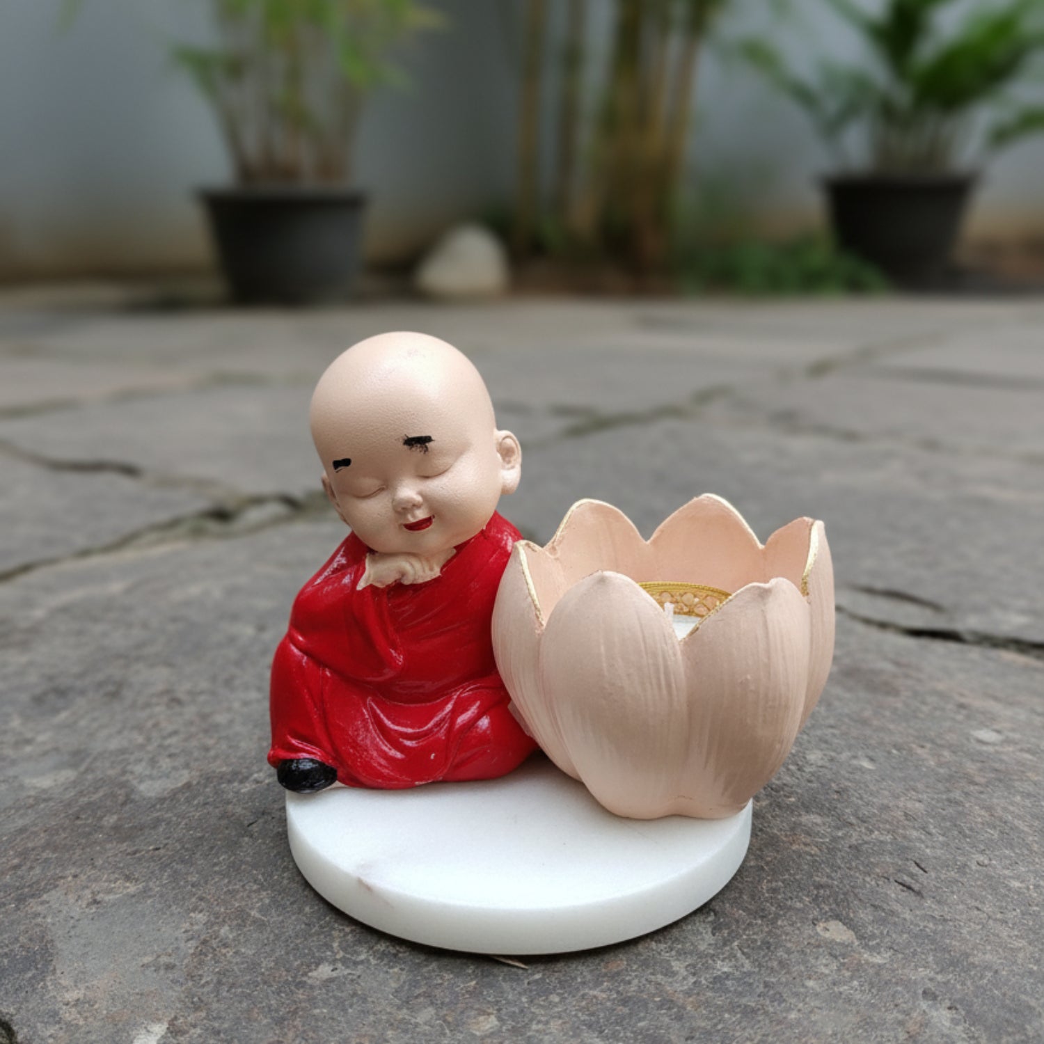 Buddha Monk Lotus Candle Stand Red