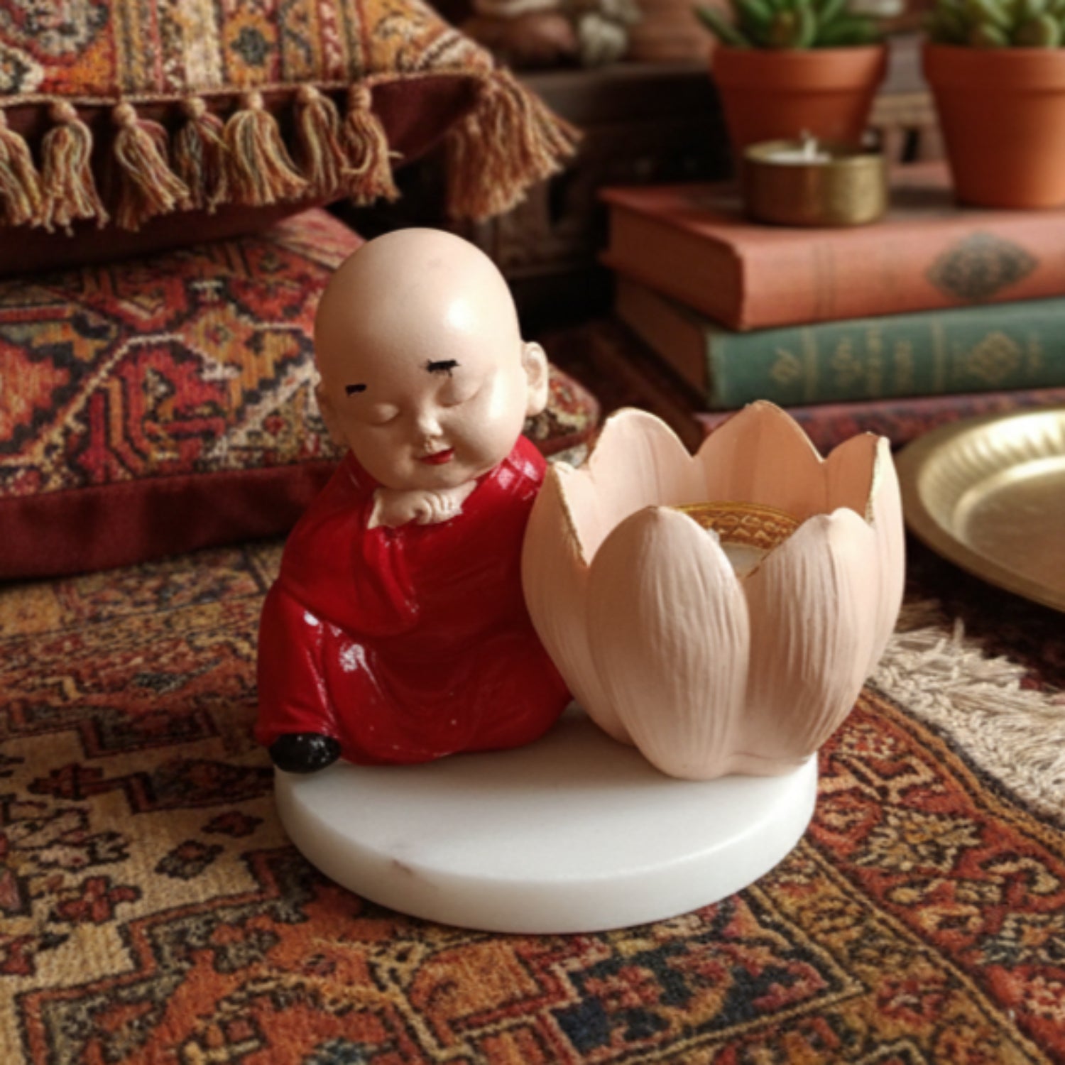 Buddha Monk Lotus Candle Stand Red
