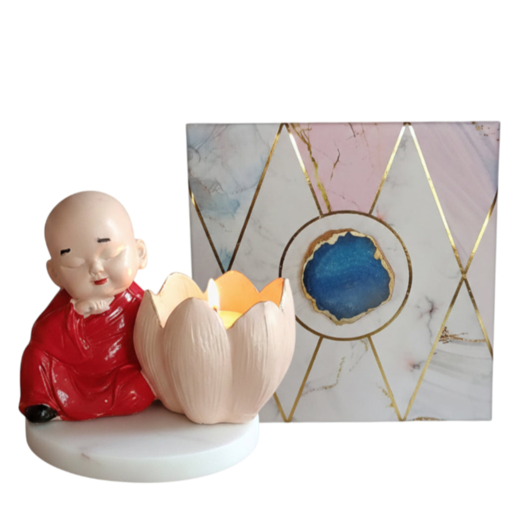 Buddha Monk Lotus Candle Stand Red