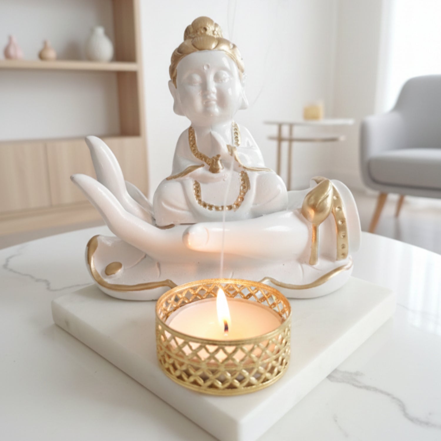 Buddha Hand Tealight Candle Holder Square Marble Base