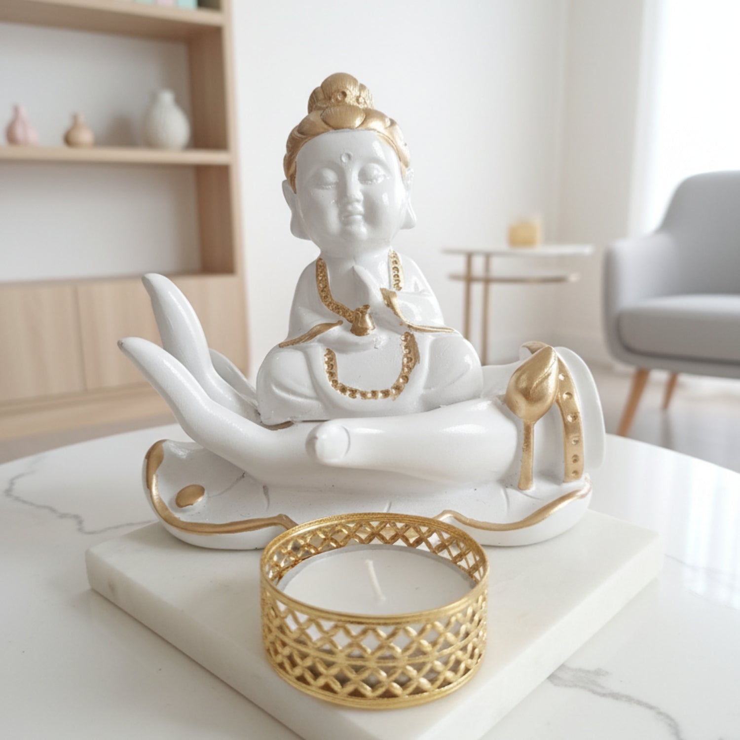Buddha Hand Tealight Candle Holder Square Marble Base
