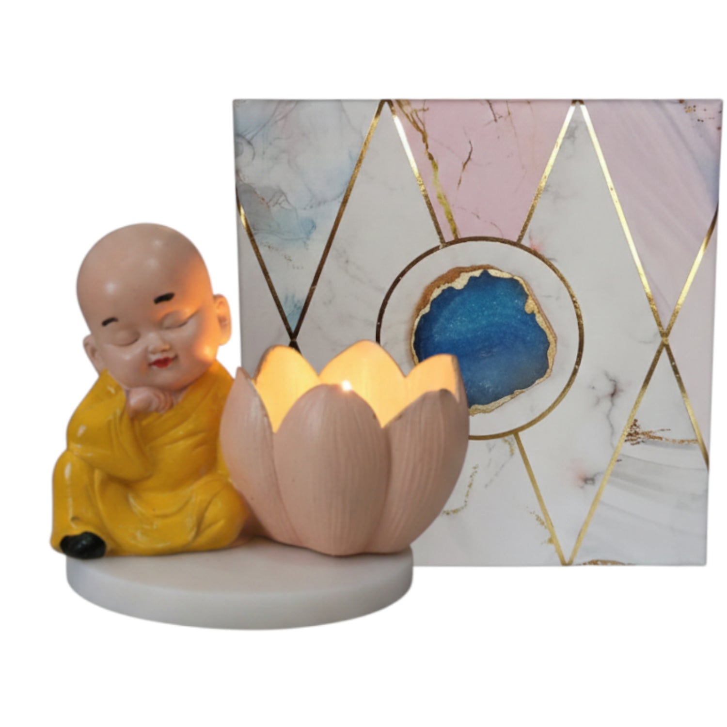 Buddha Monk Lotus Candle Stand Yellow