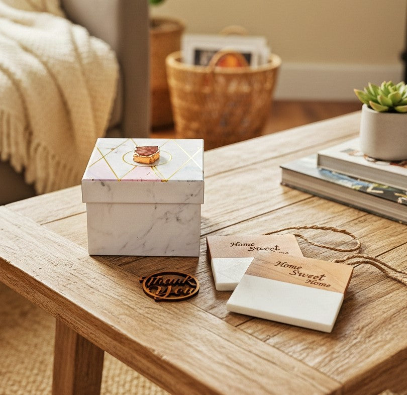 Marble Wooden Home Sweet Home Square Coaster - set of 2