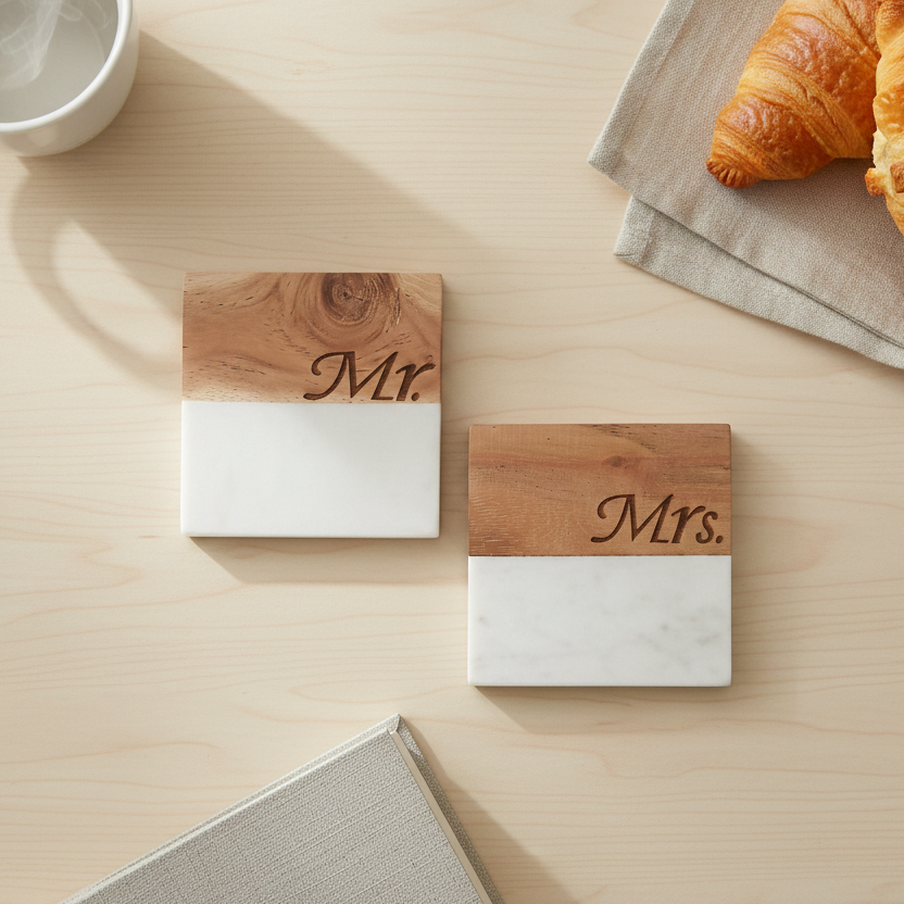 Marble Wooden Mr Mrs Square Coaster - set of 2