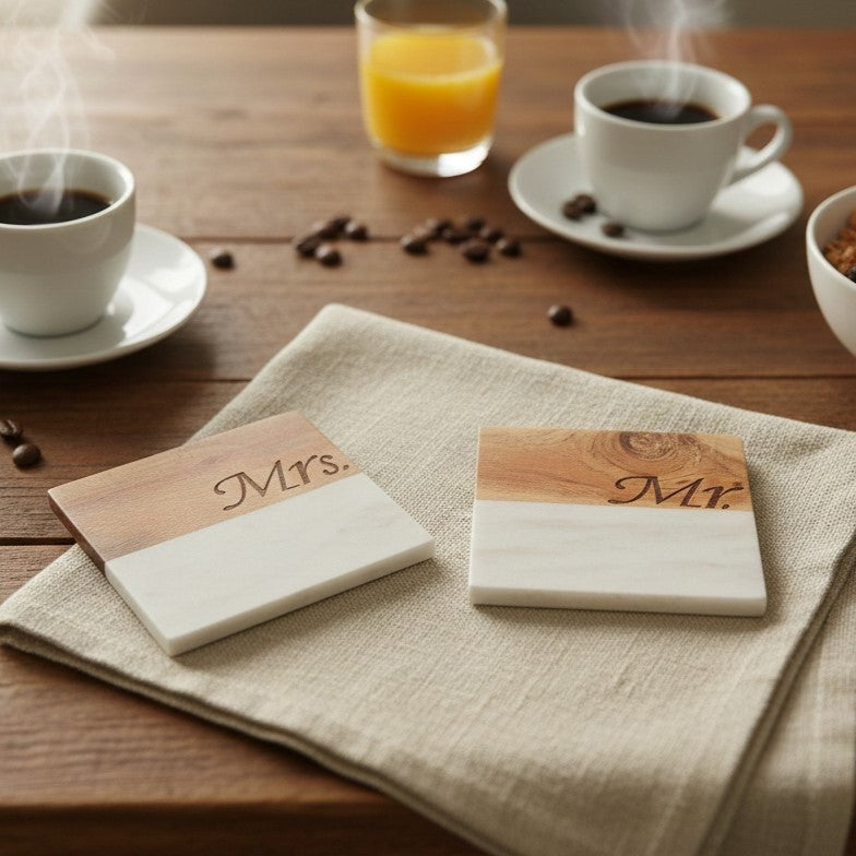 Marble Wooden Mr Mrs Square Coaster - set of 2