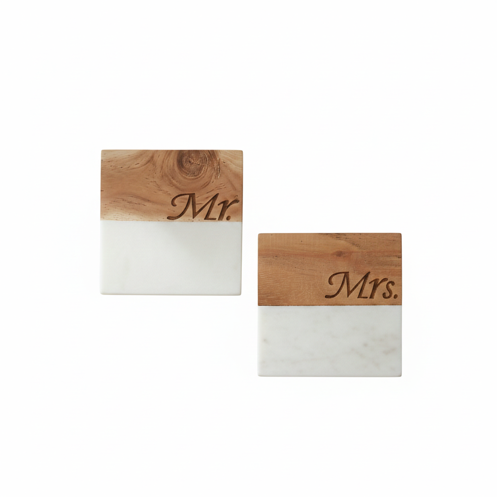 Marble Wooden Mr Mrs Square Coaster - set of 2