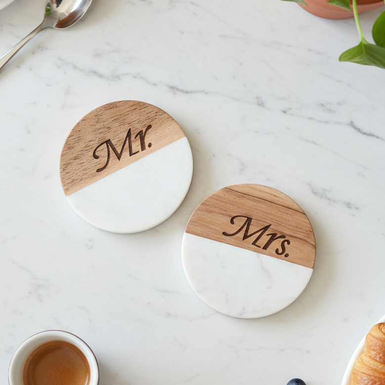 Marble Wooden Mr Mrs Round Coaster - set of 2