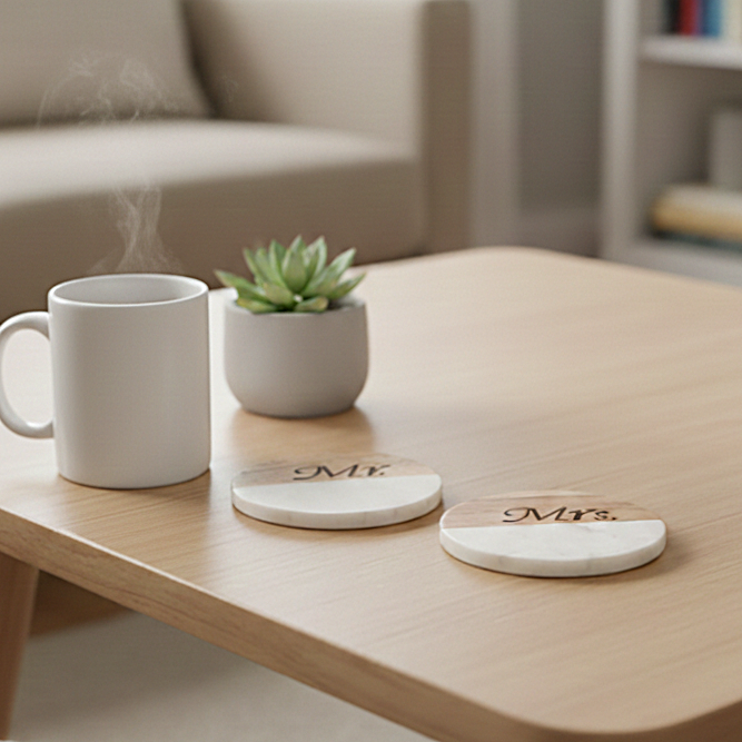 Marble Wooden Mr Mrs Round Coaster - set of 2