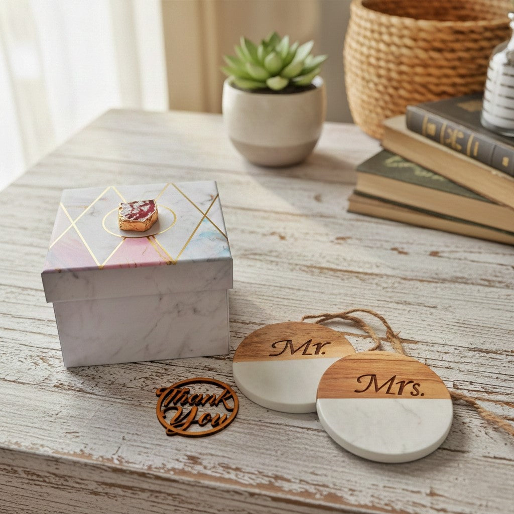 Marble Wooden Mr Mrs Round Coaster - set of 2