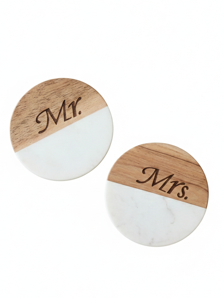 Marble Wooden Mr Mrs Round Coaster - set of 2