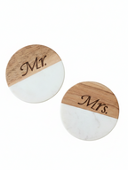 Marble Wooden Mr Mrs Round Coaster - set of 2