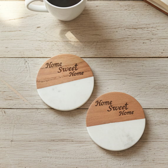 Marble Wooden Home Sweet Home Round Coaster - set of 2