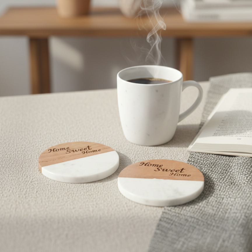 Marble Wooden Home Sweet Home Round Coaster - set of 2