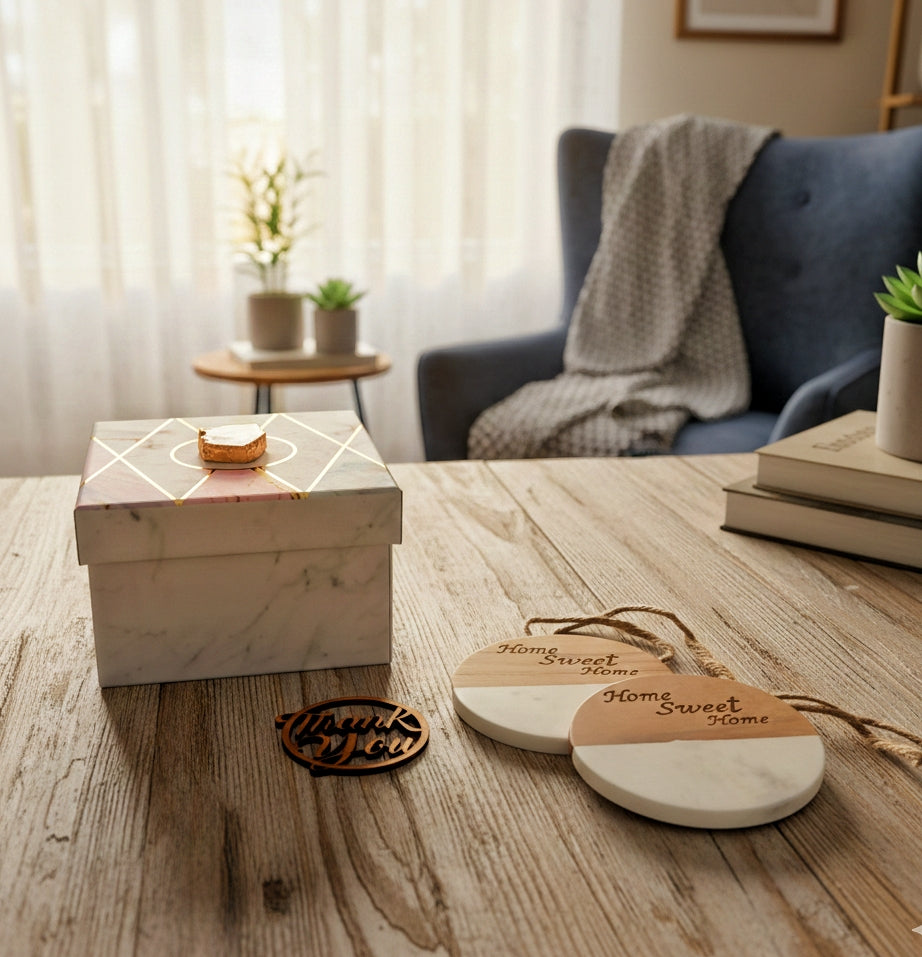 Marble Wooden Home Sweet Home Round Coaster - set of 2