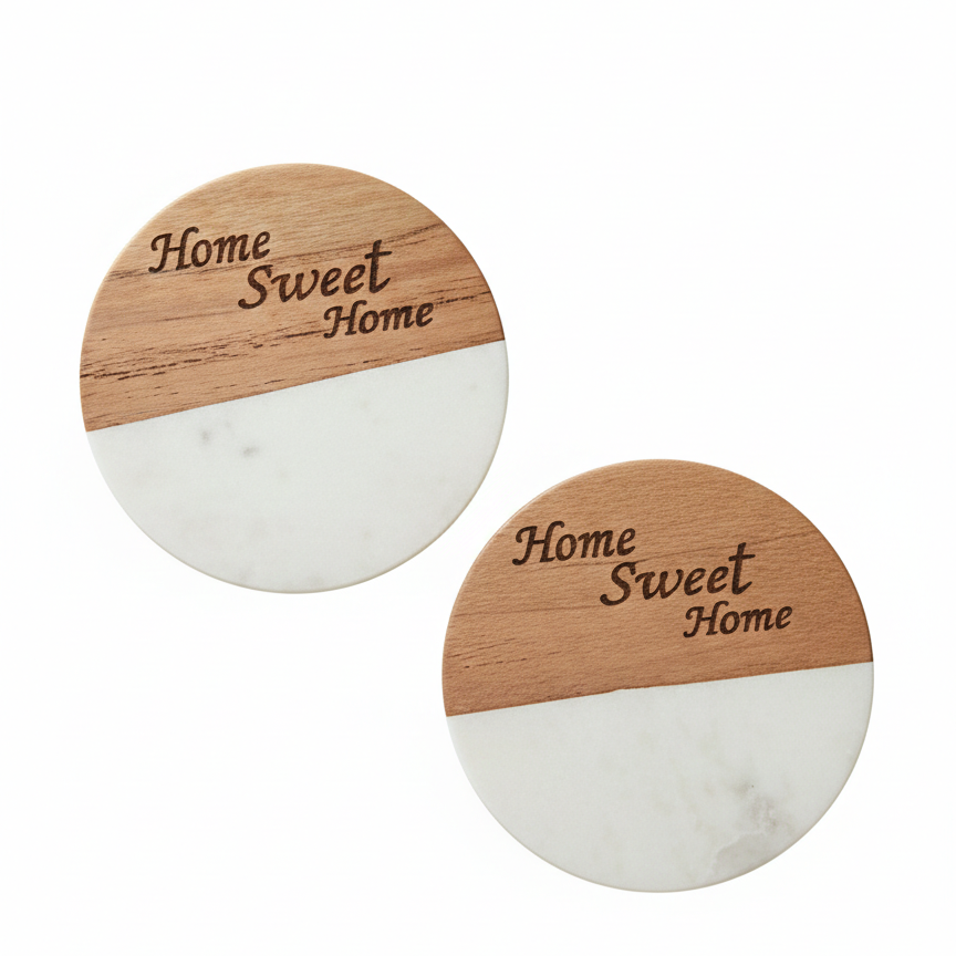Marble Wooden Home Sweet Home Round Coaster - set of 2