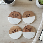 Marble Wooden Drink Relax Sip Chill Round Coaster - set of 4