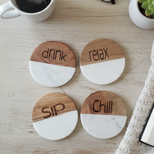 Marble Wooden Drink Relax Sip Chill Round Coaster - set of 4