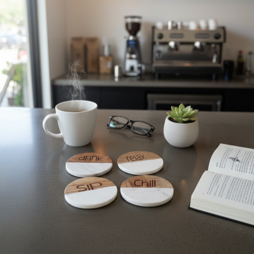 Marble Wooden Drink Relax Sip Chill Round Coaster - set of 4