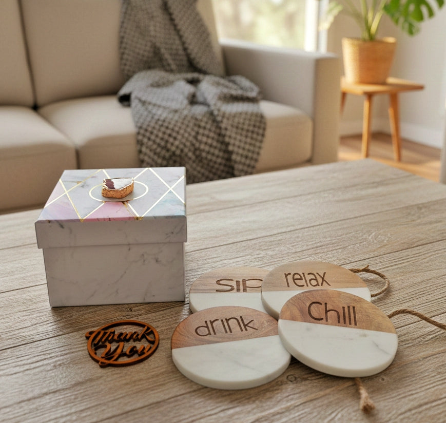Marble Wooden Drink Relax Sip Chill Round Coaster - set of 4