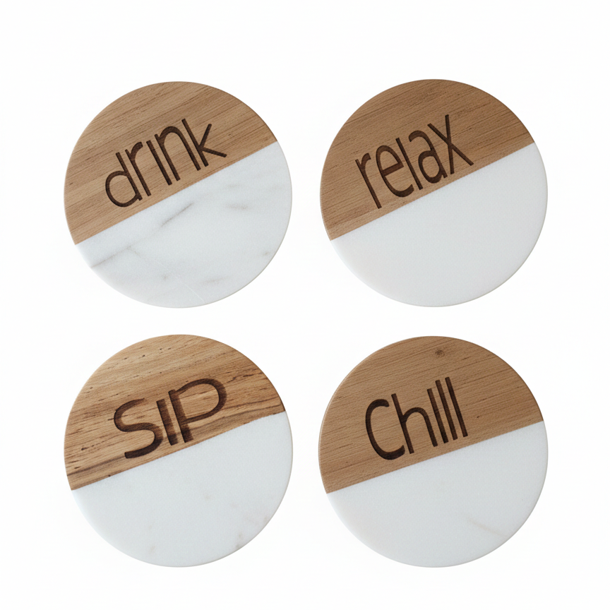Marble Wooden Drink Relax Sip Chill Round Coaster - set of 4