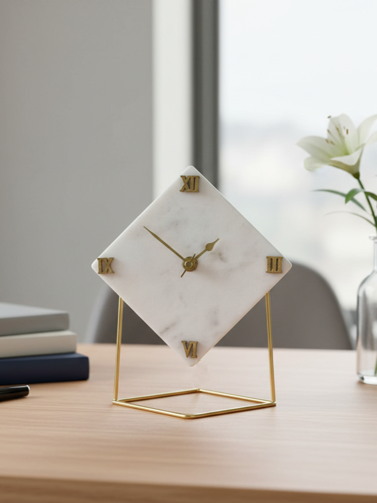Marble Round Desktop Clock with Metal Stand