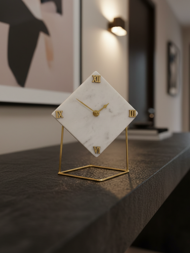 Marble Square Desktop Clock With Metal Stand