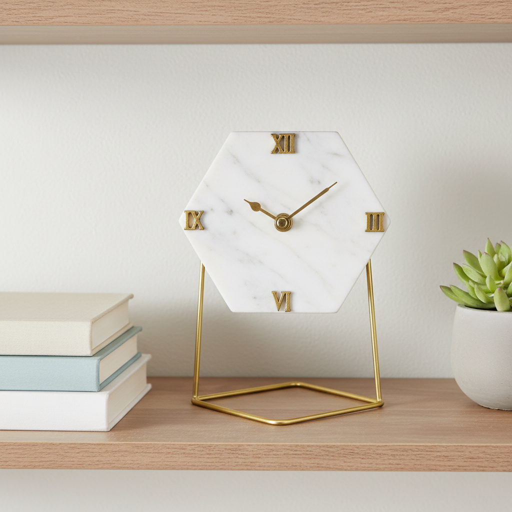 Marble Hexagonal Desktop Clock  With Metal Stand