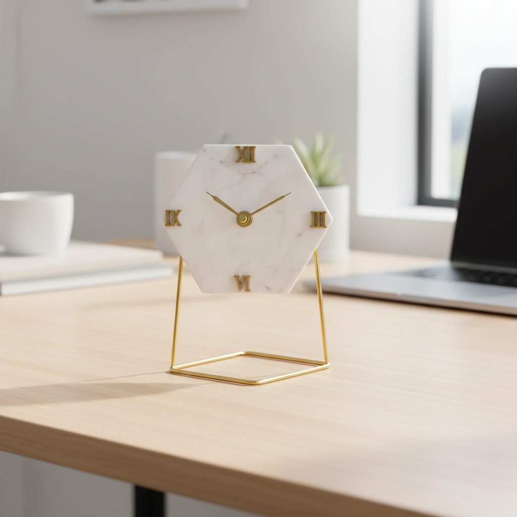 Marble Hexagonal Desktop Clock  With Metal Stand