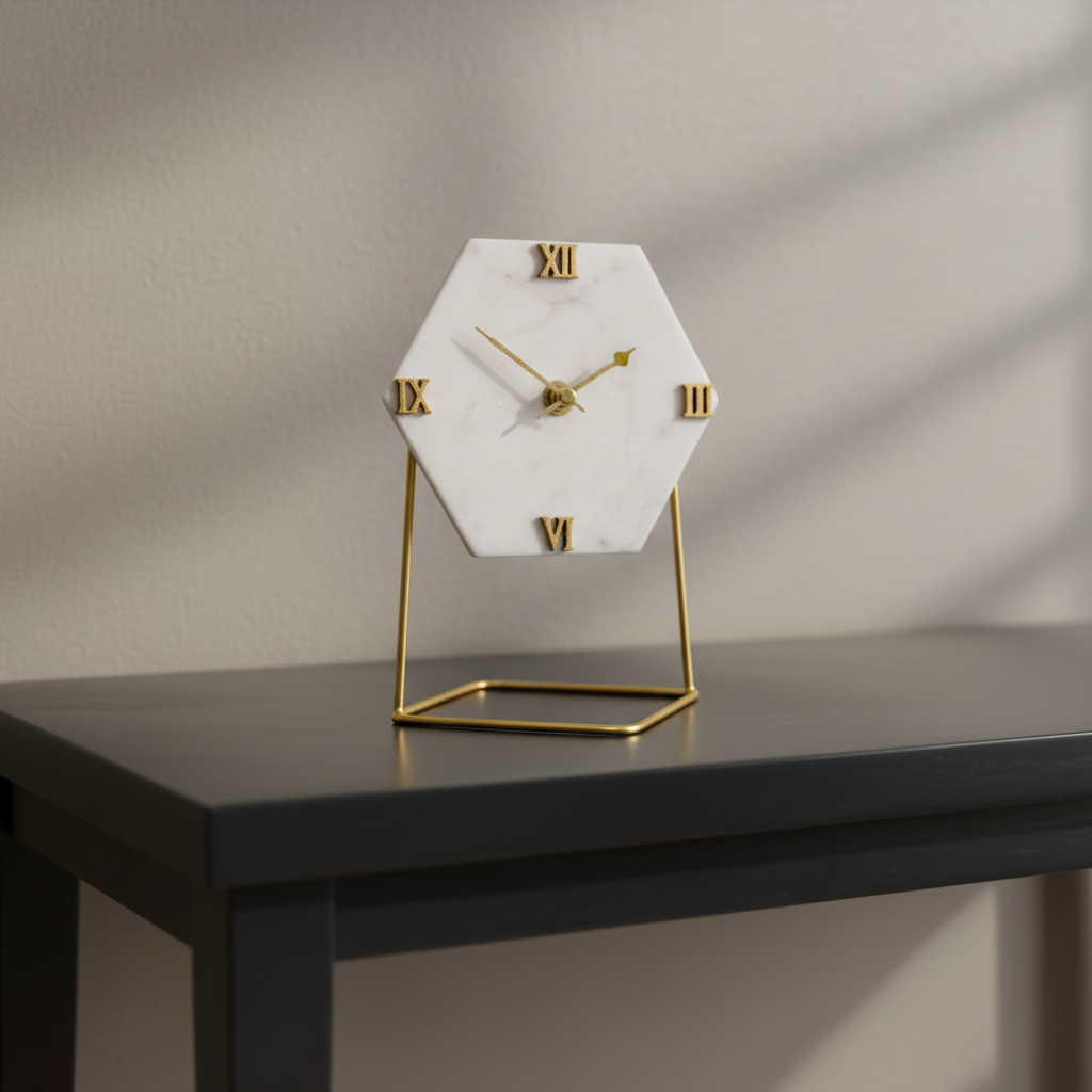 Marble Hexagonal Desktop Clock  With Metal Stand