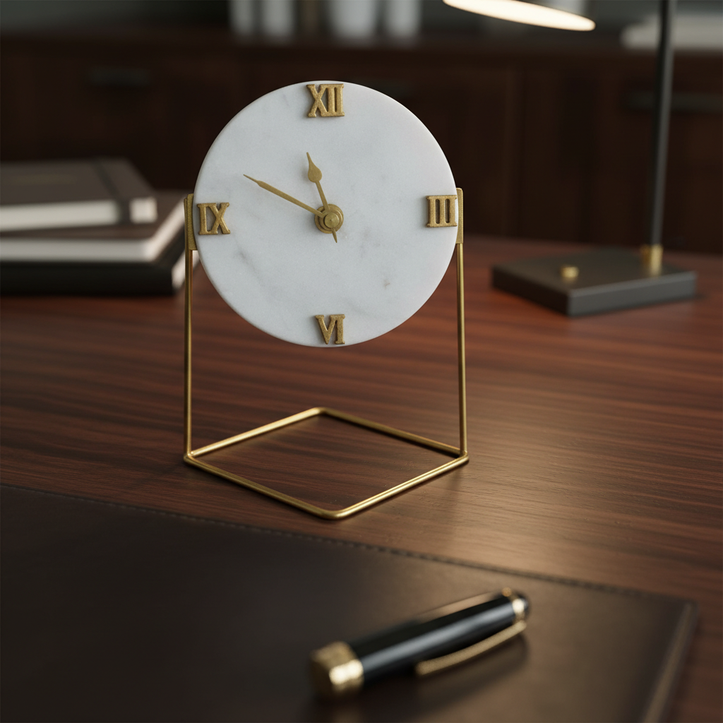 Marble Round Desktop Clock with Metal Stand