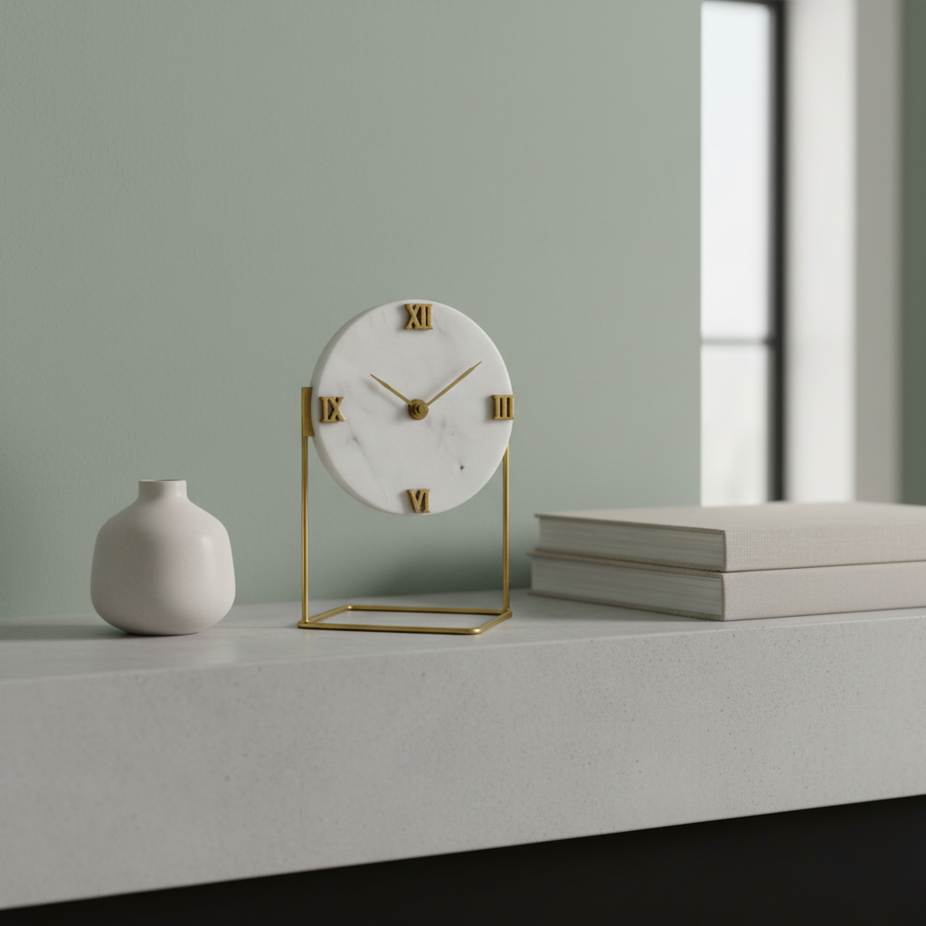 Marble Round Desktop Clock with Metal Stand