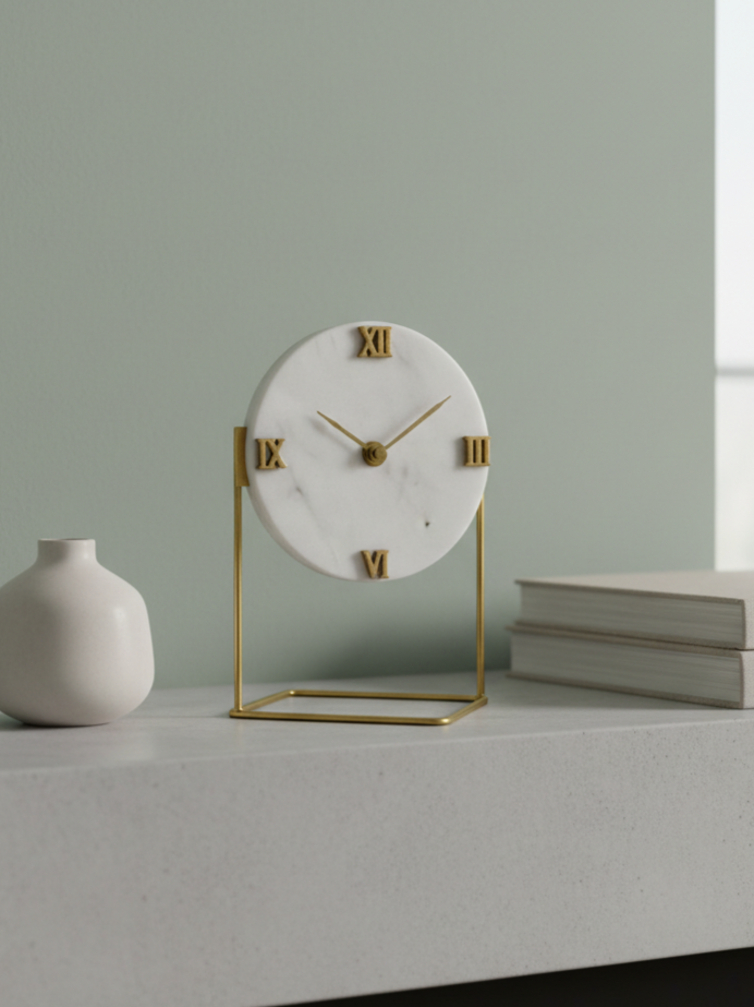 Marble Hexagonal Desktop Clock  With Metal Stand
