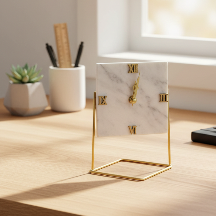 Marble Square Desktop Clock With Metal Stand